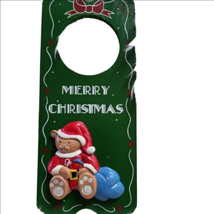 Vintage handmade wooden Santa bear & bag of presents door decoration handle